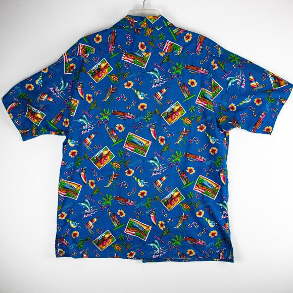 Tiki Hawaiian Shirt – VTG Novelty Surf Postcard Cars | USA Camp Collar Men's XL - Picture 8 of 9